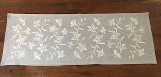 Natural Linen Table Runner Small Handprinted Runner For Table Oatmeal Colored Runner With Off White Bird Hand Printed Linen Linen Table Runner Natural Linen