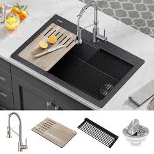 Image result for wood worktop sage cabinet kitchen remodel. Kraus 33 Granite Composite Workstation Sink Faucet Combo Costco