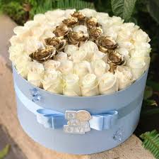 Looking for the perfect new baby flower bouquet to send to a friend or family member who just welcomed a little one in to the world? Newborn Baby Boy Initial Box By Boxed Flowers And Sweets