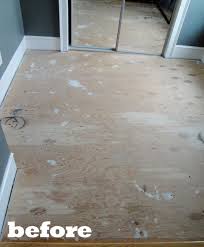 Before After Kim Cara S Painted Plywood Floor Painted Plywood Floors Plywood Flooring Plywood Floor