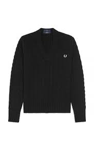 Fred perry knitted merino wool roll neck jumper dc. Reissues V Neck Cable Knit Jumper Black Women S Reissues Classic Designs Fred Perry Uk