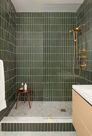 Deep Green Fire Clay Tile Rectangular Modern Tile In Stacked Pattern For Shower Walls With Glass Divider Green Tile Bathroom Green Bathroom Bathroom Decor