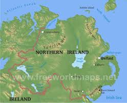 Irish mountaineering maps and irish hillwalking maps, ireland mountaineering map, irish rockclimbing map including the dublin mountains, galty mountains, knockmealdown mountains, maamturks, macgillicuddy's reeks, mourne mountains, slieve blooms, sperrin mountains, twelve bens. Northern Ireland Physical Map