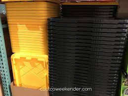 These greenmade storage bins with yellow lids are currently available at costco. 27 Gallon Storage Bin Tough Durable Plastic Black With Yellow Lid Costco Weekender