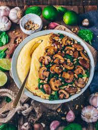 Polenta With Mushrooms Spinach And Pine Nut Jrsl Easy Delicious Easy Vegan Dinner Vegan Dinner Recipes Easy Vegan Dinner Recipes