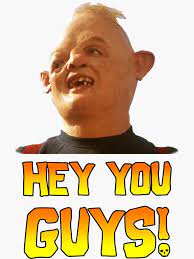 Then, he realizes he's free chunk : Hey Guys Stickers Redbubble