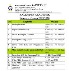 19 agustus 2019 s/d 23 agustus 2019 (5 hari). Kalender Akademik Politeknik Saint Paul Sorong