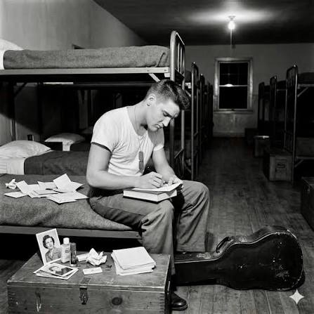 This is a poignant and detailed image, though it is an AI-generated  reconstruction of Elvis Presley's time in the service rather than an  original 1958 photograph. The hyper-clean lighting, the specific rendering