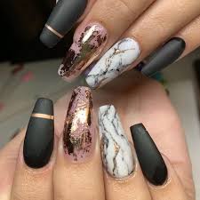 Black And Rose Gold Nails Coffin Rose Gold Black Gold Marble Nails In 2020 Nail Art Designs Classy Nail Art Gold Nails