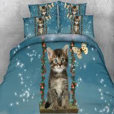 Cadet Blue Gray And White Sparkle Star And Kitty Cat Print Cute Animal Twin Full Queen King Size Bedding Bedspread Bed Bedding Sets Bed Cute Duvet Covers