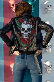 Crystal Skull Roses Biker Jacket Black Leather Jacket In 2021 Punk Jackets Custom Leather Jackets Jacket Outfits