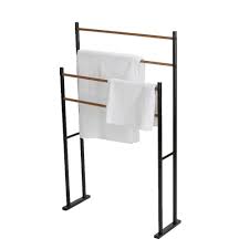 Roll the towels for a streamlined display. Mind Reader 4 Bars 2 Tier Towel Rack In Black Tbar24 Blk The Home Depot Towel Rack Bathroom Rack Outdoor Towel Rack