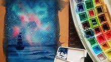 تعليم الرسم كيف ترسم سكتش منظر طبيعي قوس قزح و شلال وصخور واشجار تعاون مع ندى خليل كورس عربى northern lights landmarks natural landmarks