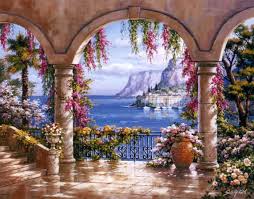 Floral Patio I By Sung Kim Mediterranean Coast Painting Cross Paintings Art Pictures