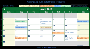 Em 2019, sete feriados nacionais calham em dias de semana. Calendario Junho 2019 Com Feriados E Dias Festivos Brasil