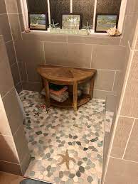 Sliced Sea Green And White Pebble Tile Beach Theme Bathroom Bathroom Flooring Pebble Tile