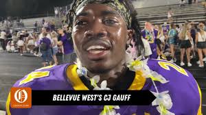 Bellevue West's CJ Gauff after scoring two touchdowns in Thunderbirds' win