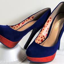Liliana Shoe Shiny Red Hearts Blue Suede Stiletto