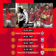 Damms feb 3, 2021, 1:05am gmt / new. Football On Bt Sport On Twitter 9 0 Southampton 9 0 Ipswich 8 1 Nottm Forest 7 0 Barnsley 8 2 Arsenal 7 1 Blackburn 7 1 West Ham 6 0 Newcastle 6 0 Bradford 6 0 Bolton Manchester United Equal Their Biggest Ever Premier