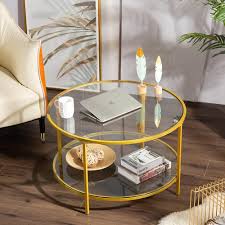 Glass coffee, console, sofa & end tables : Modern Wood Round Glass Coffee Table With Shelf Storage Living Room Furniture Us Ebay