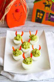 Devilish Sriracha Avocado Deviled Eggs Recipe Recipe Healthy Halloween Snacks Halloween Appetizers Easy Halloween Food For Party
