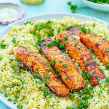 Flake the salmon and add to the bowl. Harissa Salmon With Herby Couscous Easy Peasy Foodie