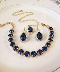 Set Bracelet Earrings Necklace Swarovski Navy Blue Sapphire Gold Crystal Tennis Bridal Jewelry Sets Fashion Jewelry Earrings Bridesmaid Jewelry Sets