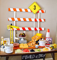 Construction Birthday Party Table Set Up Taco Bar Build Your Own Taco Construction Birthday Parties Birthday Party Tables Birthday Party Planning
