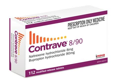 Contrave 8 mg / 90 mg extended-release packaging, AI generated