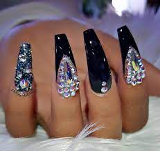 Black Rhinestone Crystal Coffin Nails Glitter Nails Acrylic Bling Nails Rhinestone Nails
