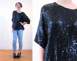 80s Black Sequin Top M India Glam Vintage Silk Beaded Boho Trophy Party Blouse Medium Black Sequin Top Party Blouse Black Sequins
