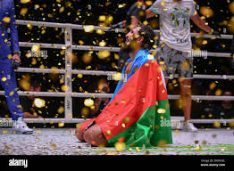 Bangkok, Thailand. 05th Aug, 2023. Chingiz Allazov of Belarus wore the flag  after declaring victory during the One fight night 13 at Lumpinee Boxing  Stadium. ONE Featherweight Kickboxing World Champion Chingiz Allazov
