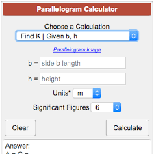 A = b x h. Parallelogram Calculator