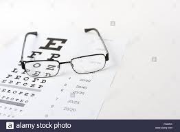 Eye Glasses On Eyesight Test Chart Background Close Up Stock