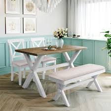 Dining table with matching bench and 4 chairs. 4 Pieces Farmhouse Rustic Wood Kitchen Dining Table Set With Upholstered 2 X Back Chairs And Bench White Beige 8 Options Available Walmart Com Walmart Com