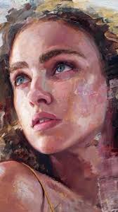 This portrait starts with loose, confident brushstrokes, capturing a moment  of introspection. Warm skin tones contrast beautifully with the cooler  background, while the striking blue eyes immediately ...