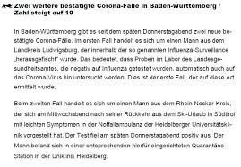 Das geht aus den neuen zahlen vom mittwochabend hervor. Ministerium Fur Soziales Und Integration Bw On Twitter In Baden Wurttemberg Gibt Es Seit Dem Spaten Donnerstagabend Zwei Neue Bestatigte Corona Falle Die Zahl Steigt Damit Auf 10 Falle Im Land Covid2019 Https T Co C8orfluzpm