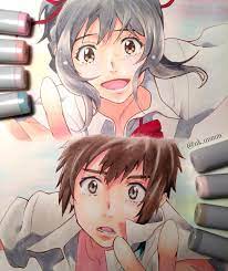 三葉もできた ふたりともかわいい 君の名は 三葉 宮水三葉 立花瀧 瀧くん アニメ お絵描き イラスト おすすめ映画 yourname 模写 映画 新海誠 コピック 色鉛筆 movie kiminonawa desenho de anime anime desenhos