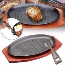 3 Sizes Cast Iron Steak Fajita Sizzling Platter Plate Bbq Grill Pan Cooking Wooden Holder Sale Banggood Com