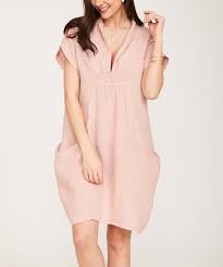 Ornella Paris Pink Shirred Panel Collared Linen Shift Dress