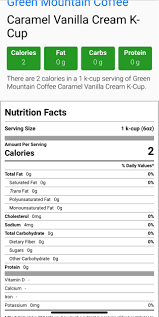 Green mountain coffee caramel vanilla cream flavored k cup pods light roast 18 count for keurig brewers. Green Mountain Coffee Caramel Vanilla Cream Coffee Calories Nutrition Analysis More Fooducate