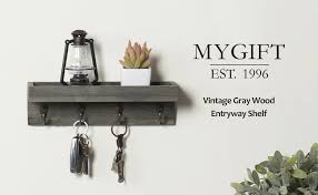 Get set for kitchen shelves wall at argos. Amazon Com Mygift Floating Shelf Vintage Grey Wood Wall Mounted Entryway Or Office Shelves With 4 Antique Metal Hooks Home Kitchen