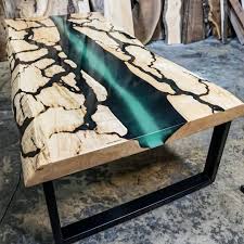 Fractal River Estuary Table Maple Wood Slabs With Semi Transparent Epoxy Glow In The Dark Di 2020 Desain Furnitur Palet Kayu Kayu Jati