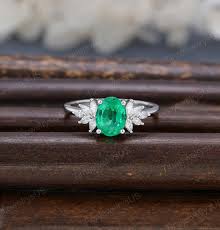 Vintage Oval Cut Natural Emerald Engagement Ring Unique White Gold  Moissanite Engagement Ring Marquise Cluster Diamond Anniversary Promise