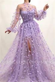 Elegant High Neck Tulle A Line Prom Dress Prom Dresses Long With Sleeves Floral Prom Dresses Lavender Dresses