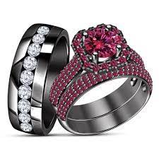 Black Gold Plated 925 Silver Pink Sapphire Wedding Band Engagement Ring Trio Set Pink Sapphire Wedding Band Black Wedding Rings Engagement Ring Wedding Band