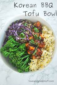 Tofu In A Homemade Korean Bbq Sauce Served With Quinoa Broccolini And Sauerkraut This Healthy Vegan Bowl Ma Bbq Tofu Vegan Recipes Healthy Whole Food Recipes