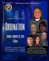 Celebrating those chosen and called to serve! Join us as these dedicated  vessels are affirmed and ordained.. Prophetess Charlayne Mason, Minister  Tracey Tymes, Elder Cheryl Toole, Deacon Emmanuel ...