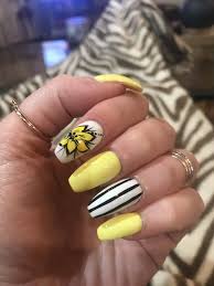 Black And White Striped Nails Yellow Nails Flower Design Black And White Stripe Yellow Nails Striped Nails Flower Nail Designs