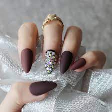 Teardrop Shaped Dark Coffee Full Crystal Stiletto Fake Nails Nude Full Set 28pcs Medium Customize Logo Diy Fake Nails Matte False Nails Aliexpress